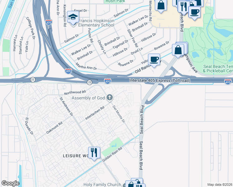 map of restaurants, bars, coffee shops, grocery stores, and more near 1791 Saint John Road in Seal Beach