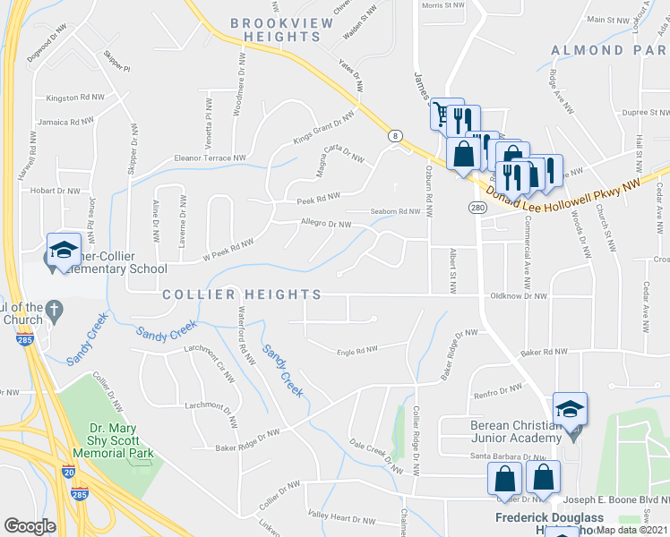 map of restaurants, bars, coffee shops, grocery stores, and more near 2855 Crescendo Drive Northwest in Atlanta