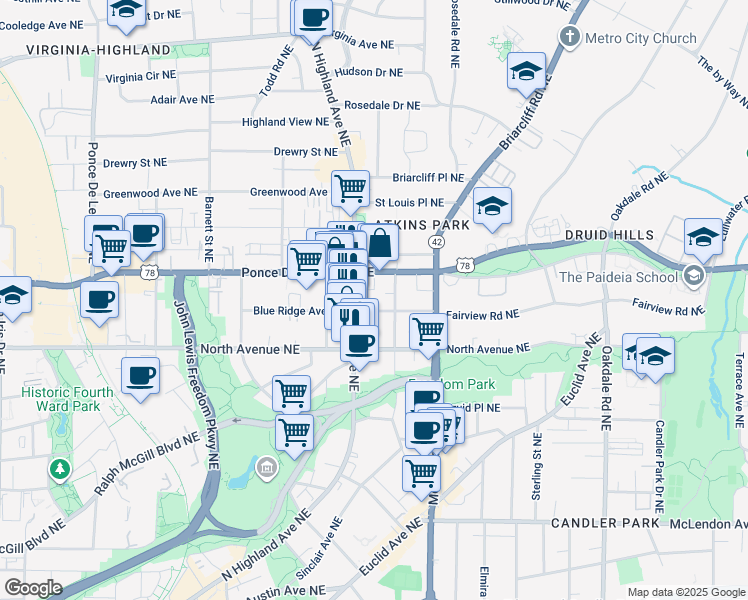 map of restaurants, bars, coffee shops, grocery stores, and more near 664 Seminole Avenue Northeast in Atlanta