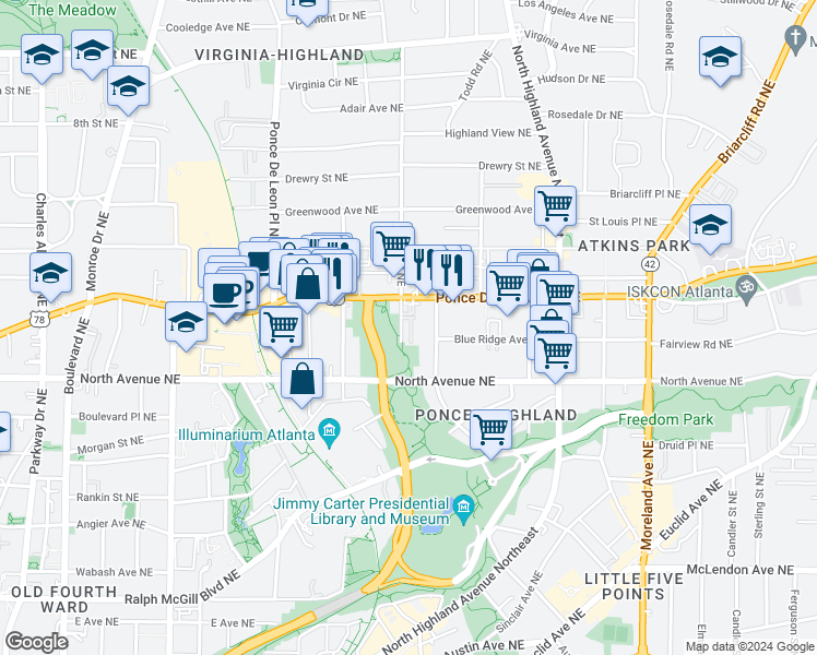 map of restaurants, bars, coffee shops, grocery stores, and more near 666 Park Village Drive Northeast in Atlanta