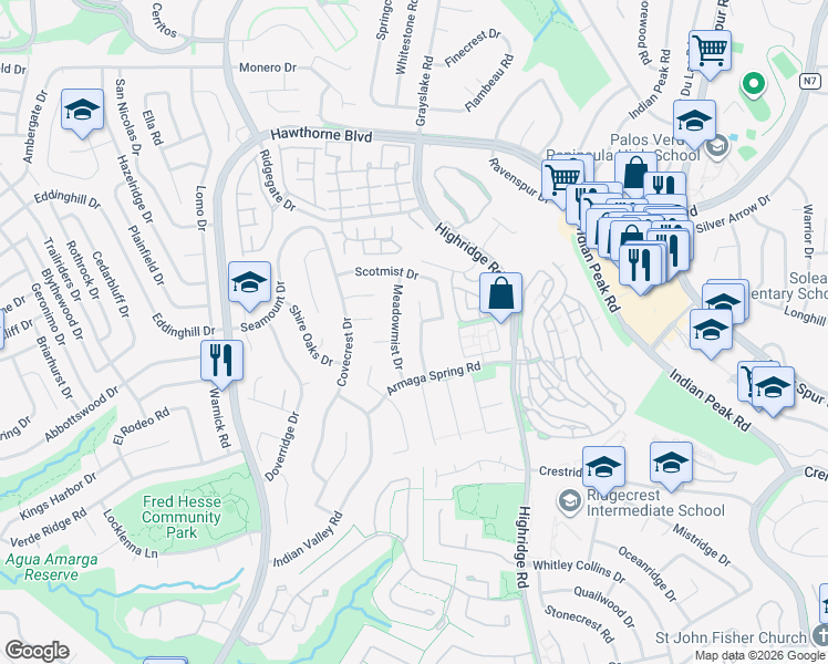 map of restaurants, bars, coffee shops, grocery stores, and more near 28511 Quailhill Drive in Rancho Palos Verdes