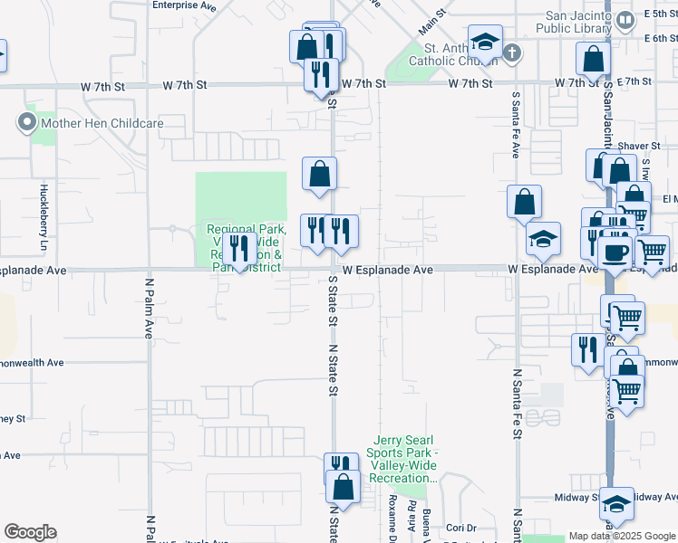 map of restaurants, bars, coffee shops, grocery stores, and more near 24004 North State Street in Hemet