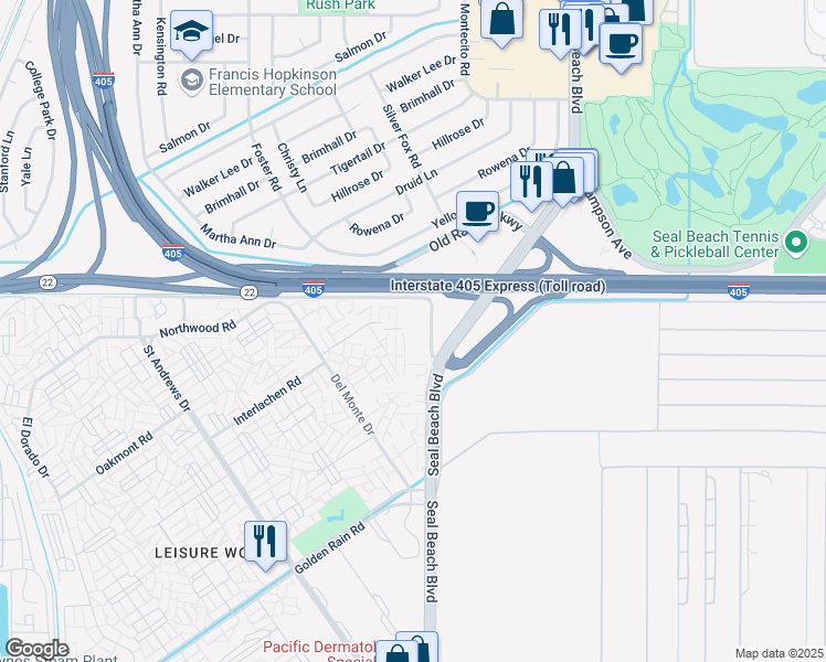 map of restaurants, bars, coffee shops, grocery stores, and more near 3000 North Gate Road in Seal Beach
