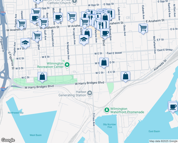 map of restaurants, bars, coffee shops, grocery stores, and more near 245 North Fries Avenue in Los Angeles