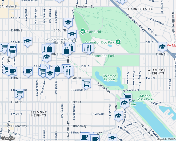 map of restaurants, bars, coffee shops, grocery stores, and more near 507 Roycroft Avenue in Long Beach