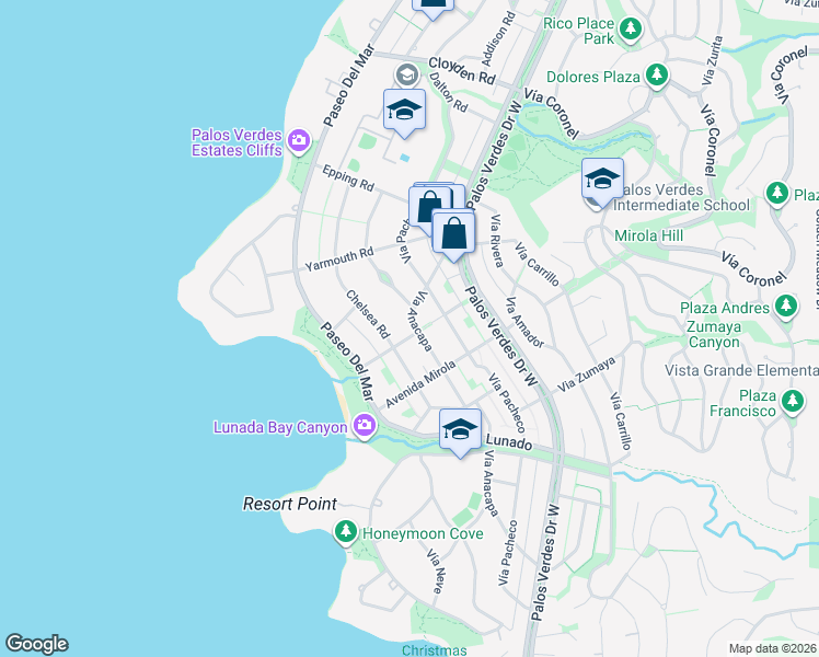 map of restaurants, bars, coffee shops, grocery stores, and more near 2381 Vía Anacapa in Palos Verdes Estates