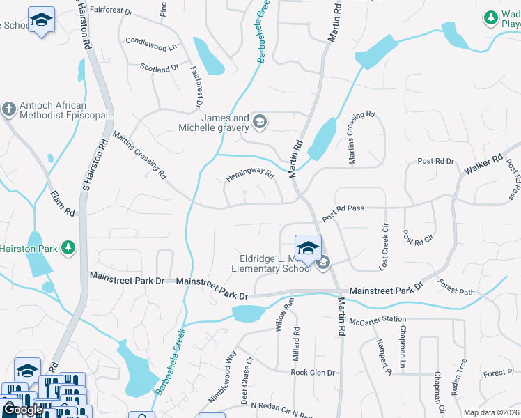 map of restaurants, bars, coffee shops, grocery stores, and more near 5066 Post Road Trail in Stone Mountain