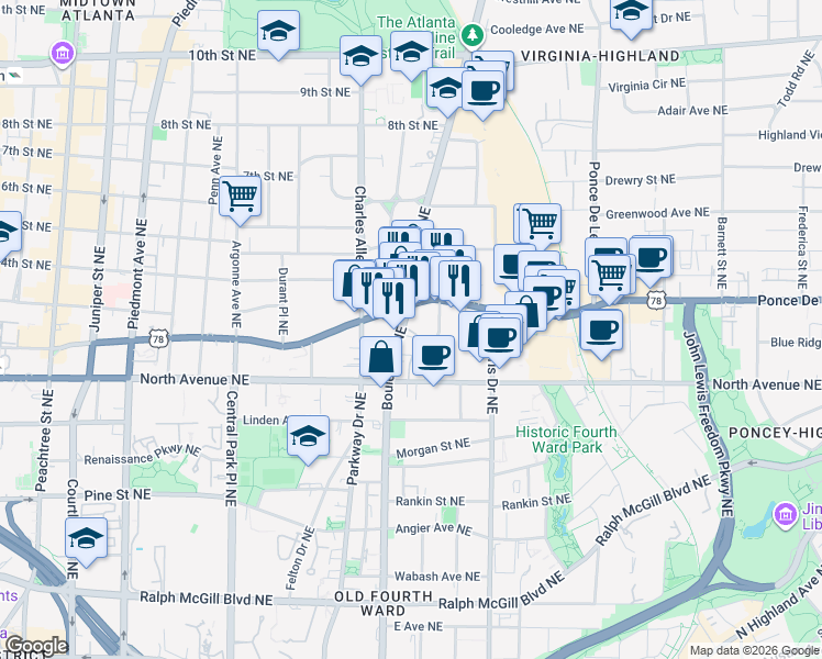 map of restaurants, bars, coffee shops, grocery stores, and more near in Atlanta