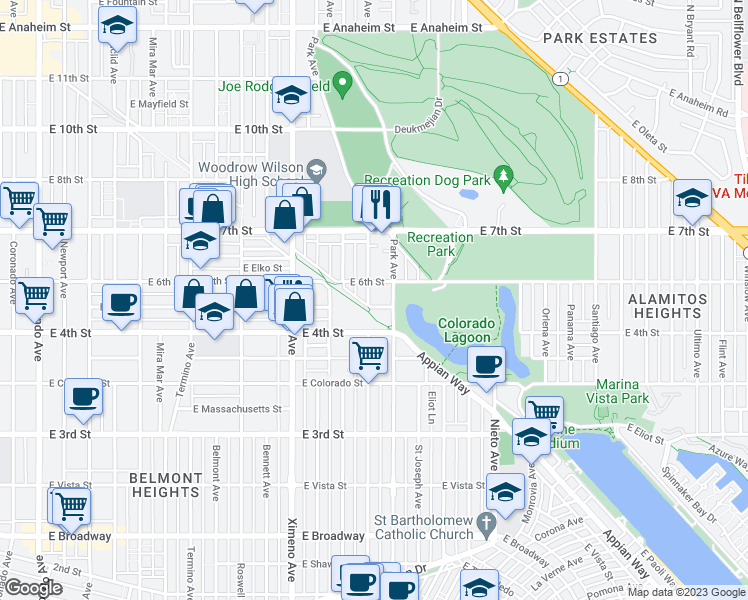 map of restaurants, bars, coffee shops, grocery stores, and more near 512 Roycroft Avenue in Long Beach