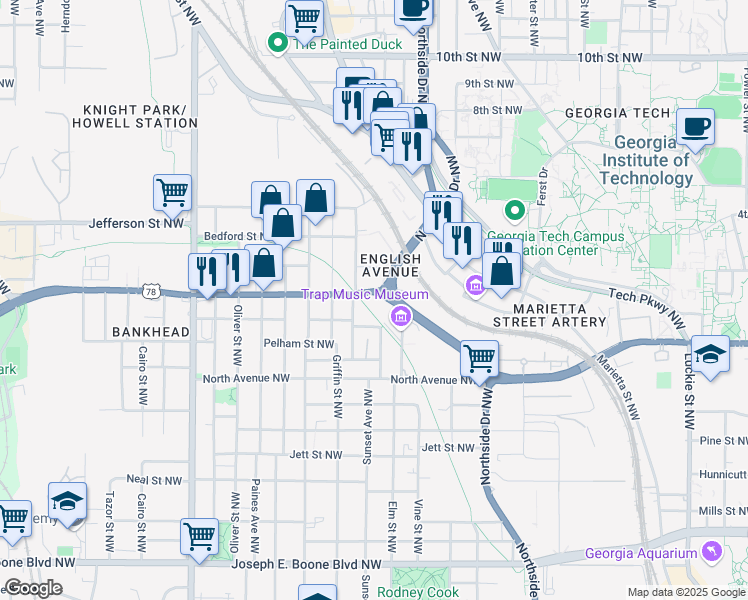 map of restaurants, bars, coffee shops, grocery stores, and more near in Atlanta