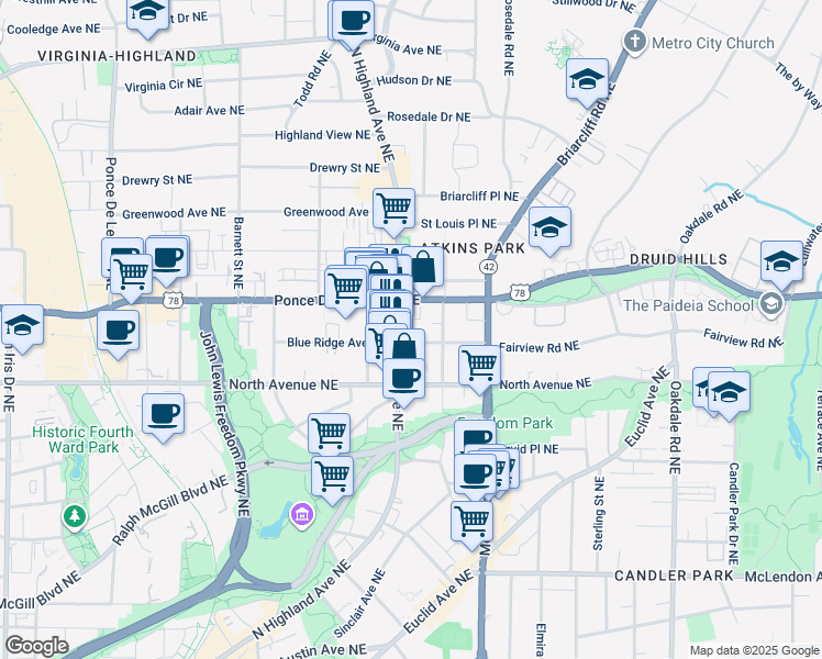 map of restaurants, bars, coffee shops, grocery stores, and more near in Atlanta