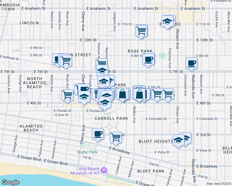 map of restaurants, bars, coffee shops, grocery stores, and more near 2401 East 5th Street in Long Beach