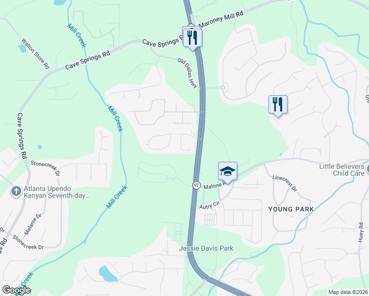 map of restaurants, bars, coffee shops, grocery stores, and more near 1160 Pleasant Oak Lane in Douglasville