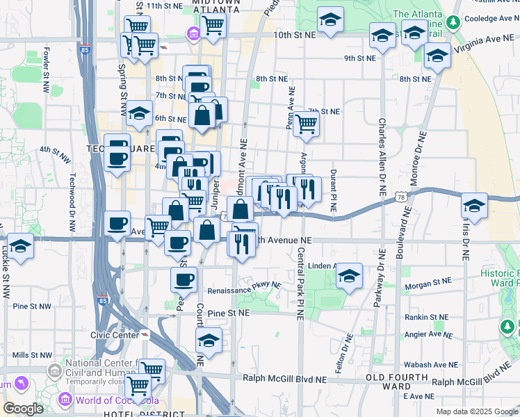 map of restaurants, bars, coffee shops, grocery stores, and more near in Atlanta