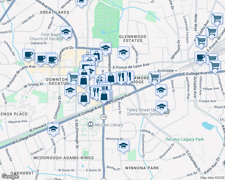 map of restaurants, bars, coffee shops, grocery stores, and more near 422 East Howard Avenue in Decatur