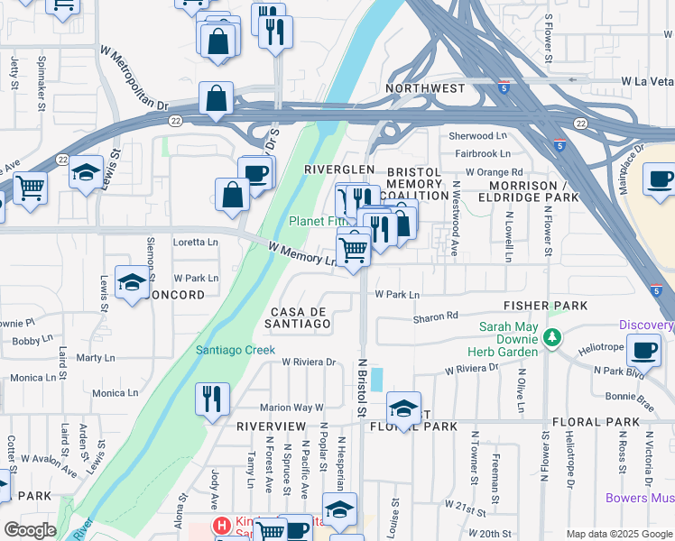 map of restaurants, bars, coffee shops, grocery stores, and more near 1313 Marcella Lane in Santa Ana