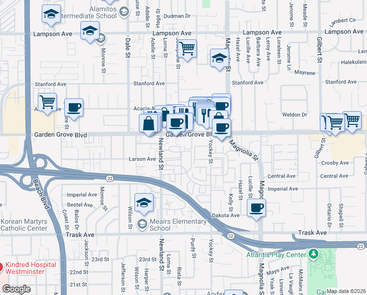 map of restaurants, bars, coffee shops, grocery stores, and more near 13101 Sunnybrook Circle in Garden Grove