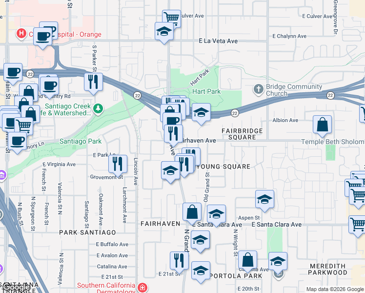 map of restaurants, bars, coffee shops, grocery stores, and more near 1300 Fairhaven Avenue in Santa Ana