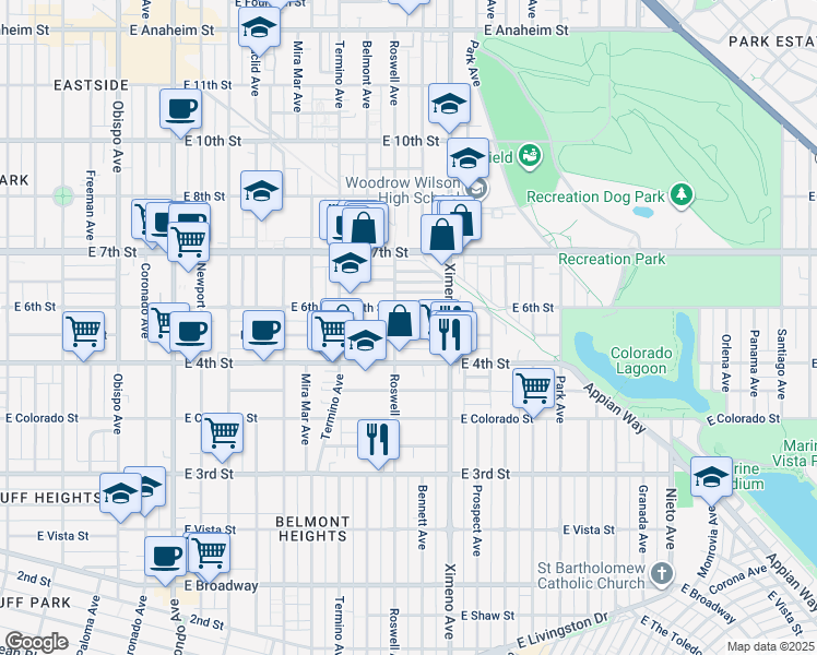map of restaurants, bars, coffee shops, grocery stores, and more near 4217 East 5th Street in Long Beach