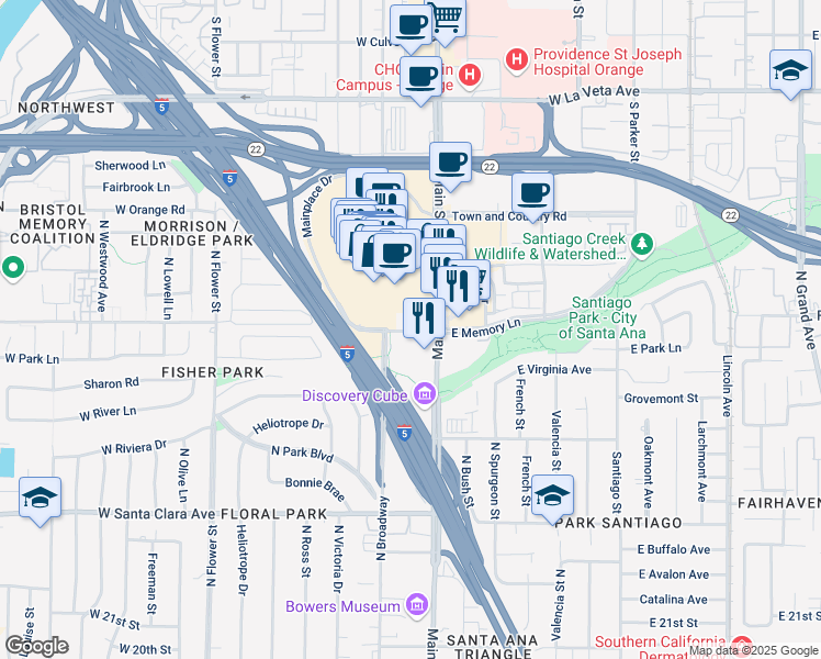 map of restaurants, bars, coffee shops, grocery stores, and more near Mainplace Dr in Santa Ana