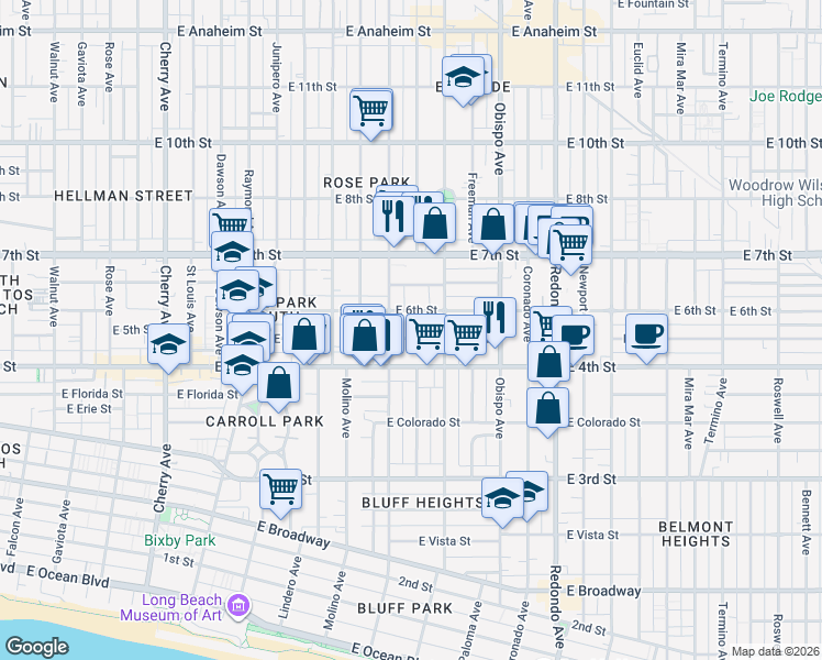 map of restaurants, bars, coffee shops, grocery stores, and more near 2835 East 5th Street in Long Beach