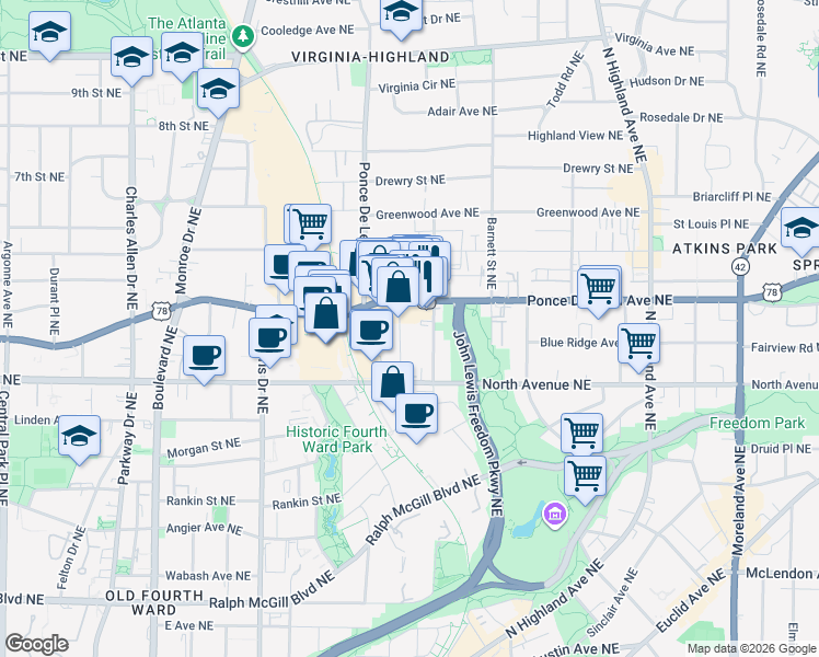 map of restaurants, bars, coffee shops, grocery stores, and more near 677 Somerset Terrace Northeast in Atlanta