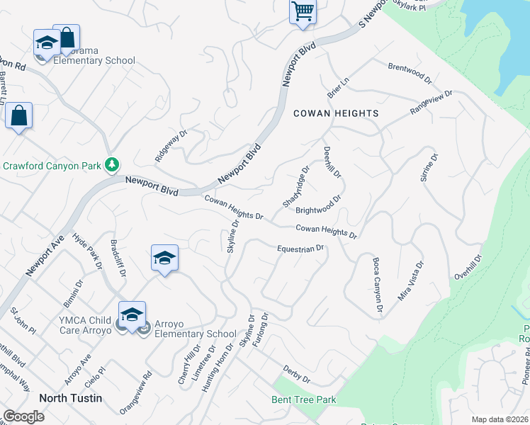 map of restaurants, bars, coffee shops, grocery stores, and more near 10573 Cowan Heights Drive in North Tustin