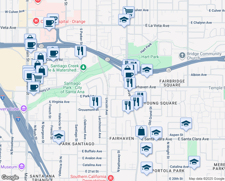map of restaurants, bars, coffee shops, grocery stores, and more near 1100 Fairhaven Avenue in Santa Ana