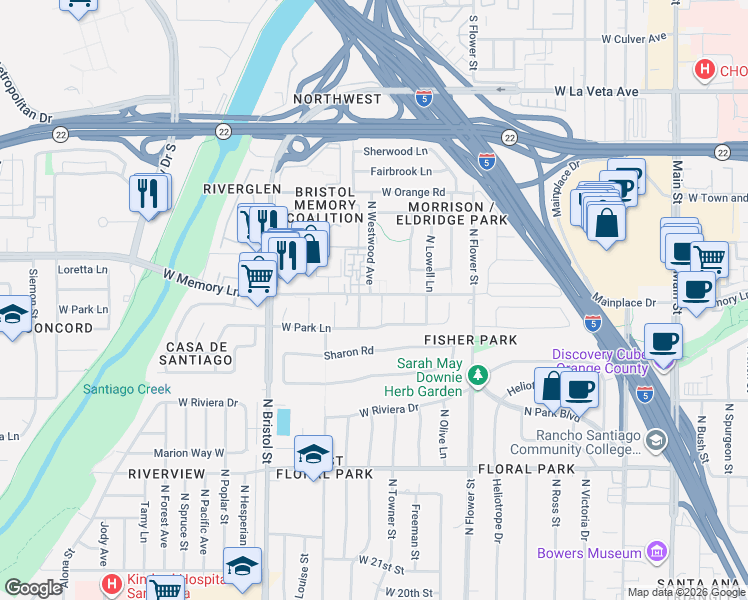 map of restaurants, bars, coffee shops, grocery stores, and more near 2611 North Westwood Avenue in Santa Ana