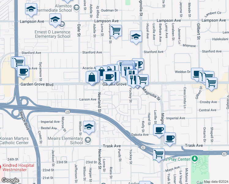 map of restaurants, bars, coffee shops, grocery stores, and more near 8582 Emerson Circle in Garden Grove