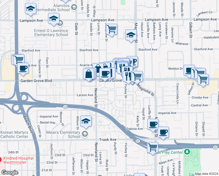 map of restaurants, bars, coffee shops, grocery stores, and more near 8582 Emerson Circle in Garden Grove