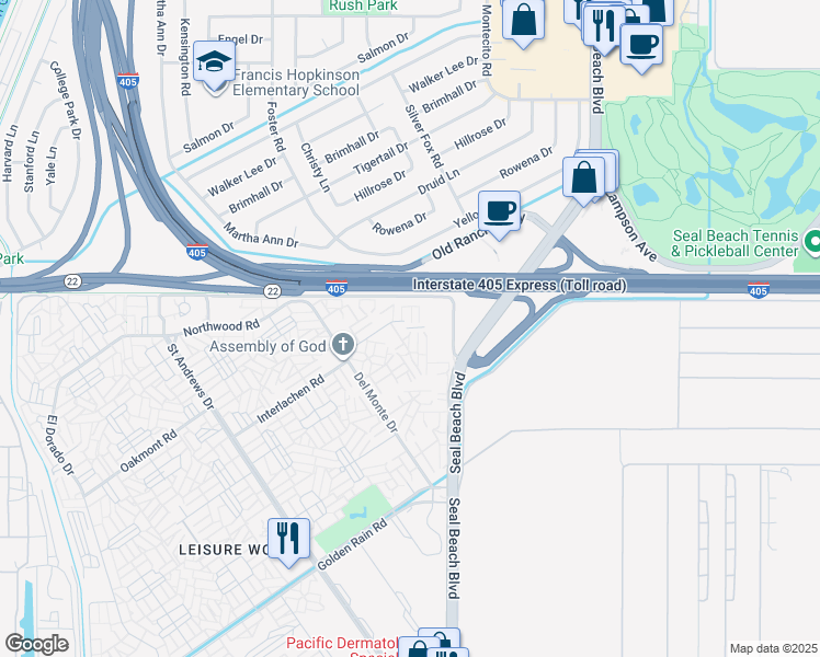 map of restaurants, bars, coffee shops, grocery stores, and more near 1880 Saint John Road in Seal Beach