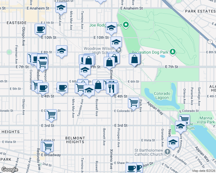 map of restaurants, bars, coffee shops, grocery stores, and more near 440 Ximeno Avenue in Long Beach
