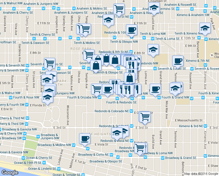 map of restaurants, bars, coffee shops, grocery stores, and more near 3124 East 5th Street in Long Beach