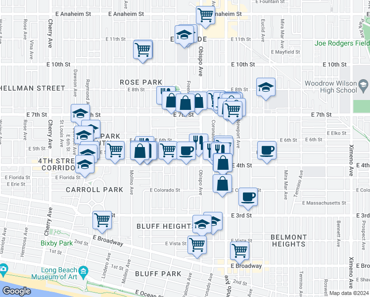 map of restaurants, bars, coffee shops, grocery stores, and more near 3010 East 5th Street in Long Beach