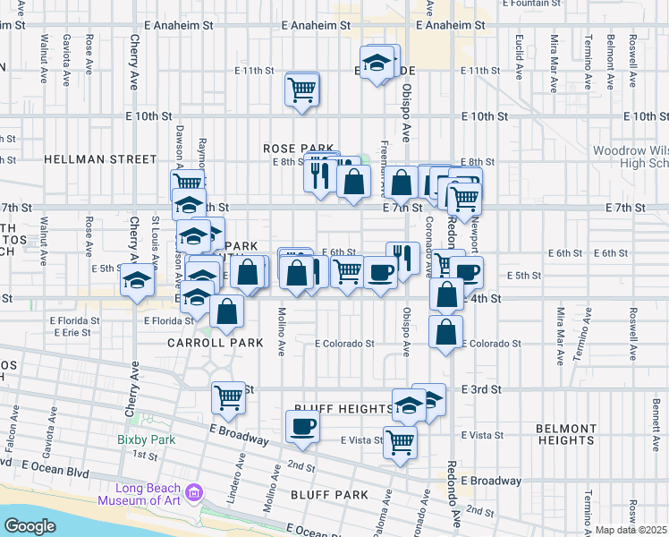 map of restaurants, bars, coffee shops, grocery stores, and more near 2836 East 5th Street in Long Beach