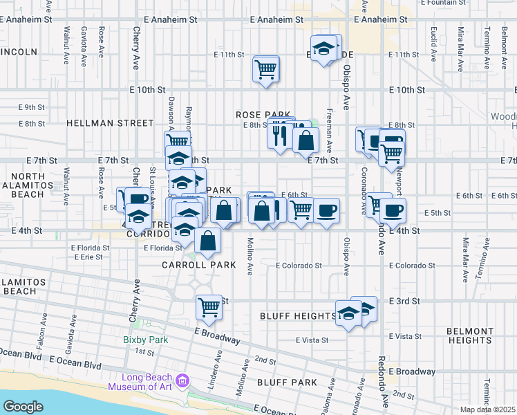 map of restaurants, bars, coffee shops, grocery stores, and more near 444 Ohio Avenue in Long Beach