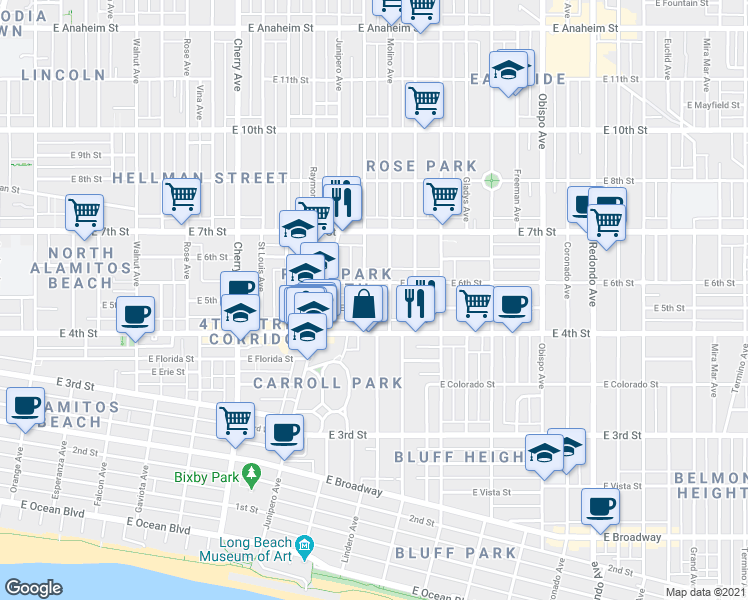 map of restaurants, bars, coffee shops, grocery stores, and more near 2444 East 5th Street in Long Beach