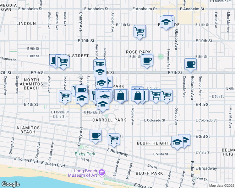 map of restaurants, bars, coffee shops, grocery stores, and more near 2444 East 5th Street in Long Beach