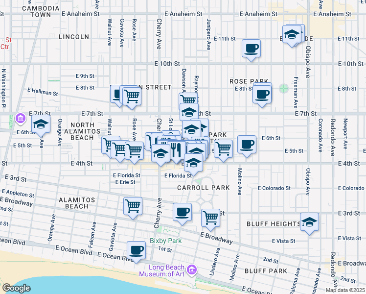 map of restaurants, bars, coffee shops, grocery stores, and more near 445 Dawson Avenue in Long Beach