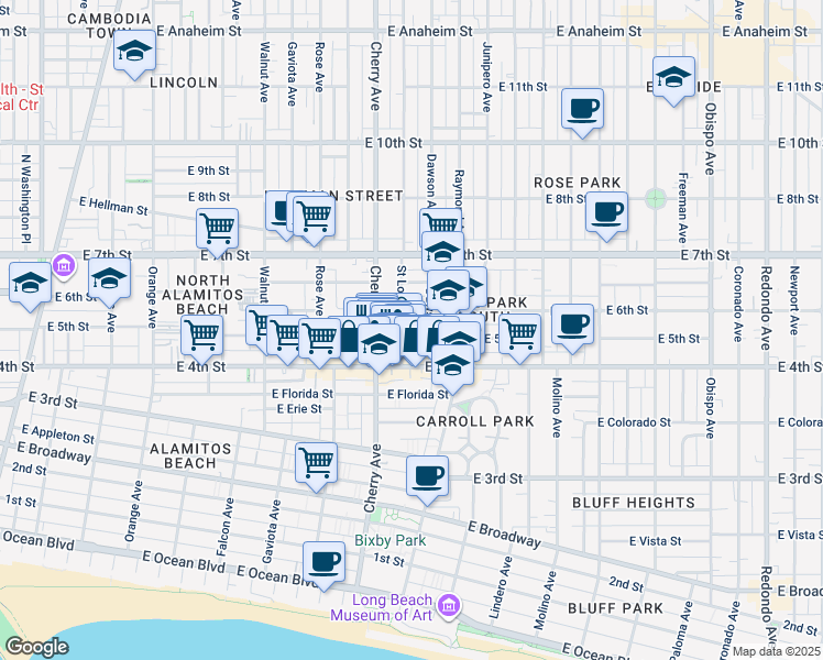 map of restaurants, bars, coffee shops, grocery stores, and more near in Long Beach