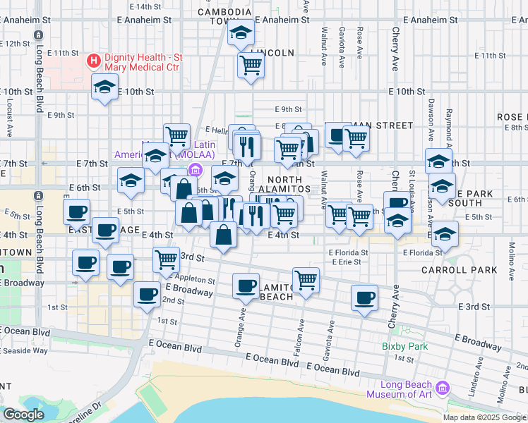 map of restaurants, bars, coffee shops, grocery stores, and more near 502 Orange Avenue in Long Beach