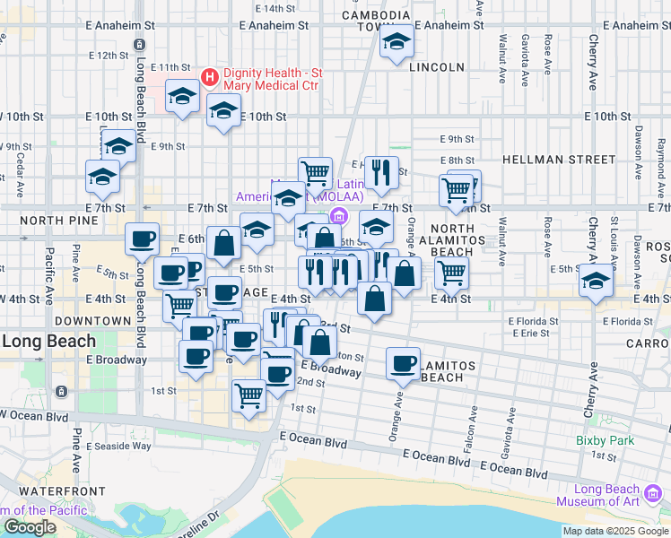 map of restaurants, bars, coffee shops, grocery stores, and more near 438 Zona Court in Long Beach