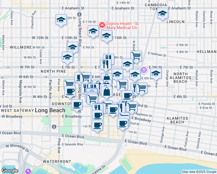 map of restaurants, bars, coffee shops, grocery stores, and more near in Long Beach