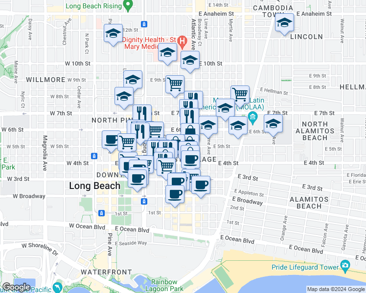 map of restaurants, bars, coffee shops, grocery stores, and more near 433 Linden Avenue in Long Beach