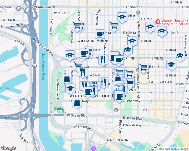 map of restaurants, bars, coffee shops, grocery stores, and more near 445 Chestnut Avenue in Long Beach