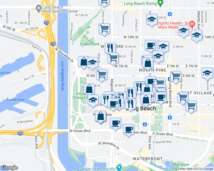 map of restaurants, bars, coffee shops, grocery stores, and more near 438 North Crystal Court in Long Beach