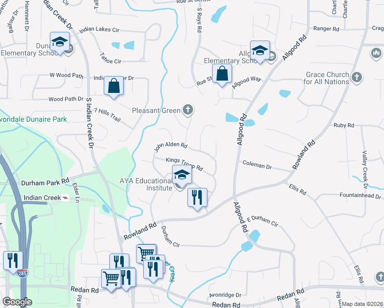 map of restaurants, bars, coffee shops, grocery stores, and more near 802 John Alden Road in Stone Mountain