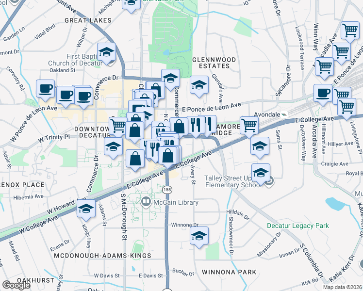 map of restaurants, bars, coffee shops, grocery stores, and more near 422 East Howard Avenue in Decatur