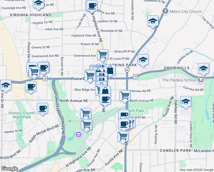 map of restaurants, bars, coffee shops, grocery stores, and more near in Atlanta